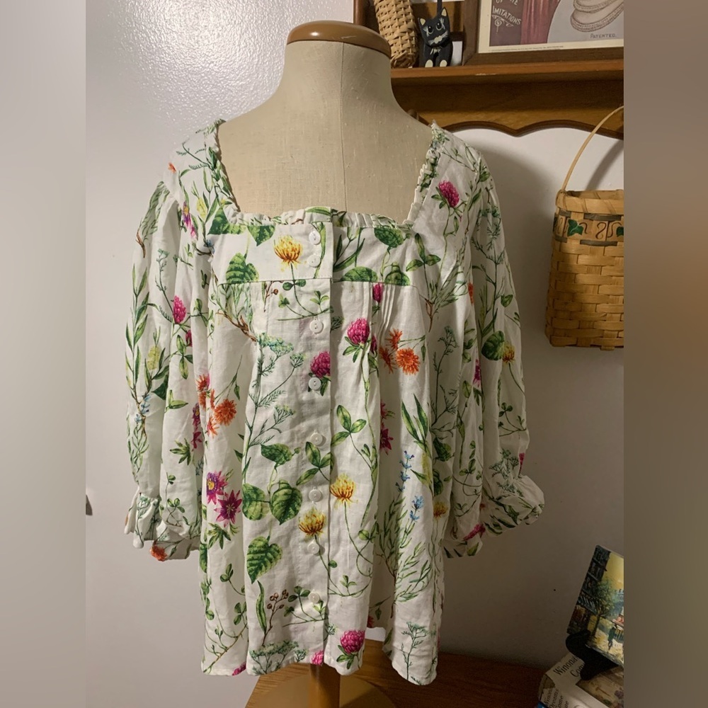 Rachel Zoe Floral Puff Sleeves Blouse Linen Blend Size L